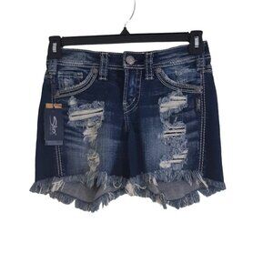 Silver Jeans Aiko NEW Mid Shorts Womens 24 Indigo Blue Distressed Fray Hem